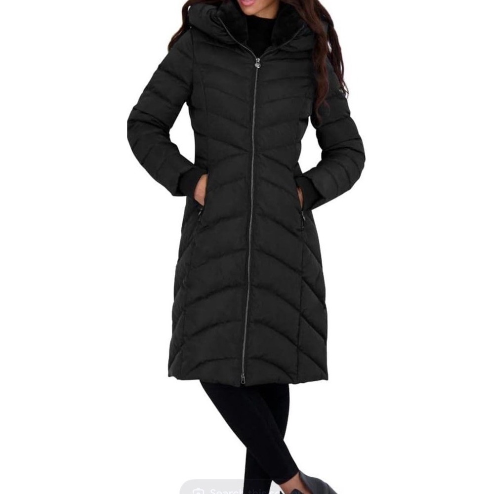 Laundry by Shelli Segal Black Hooded Faux Fur Trim Long Quilted Puffer Coat M